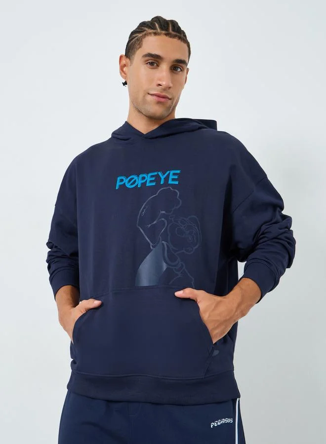 Styli Men Navy Blue Popeye Graphic Print Hoodie